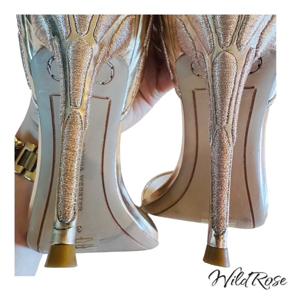 SOPHIA WEBSTER CHIARA GOLD EMBROIDERED WINGED LEATHER SANDAL PUMPS SZ 38 - Picture 12 of 16